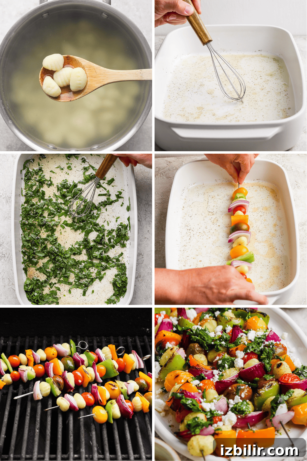 Rainbow Grilled Gnocchi Skewers with Roasted Veggies 3 A collage shows grilled gnocchi skewers being boiled, sauce prepared and poured over greens, then skewered with vegetables, grilled to perfection, and served garnished with cheese and herbs.