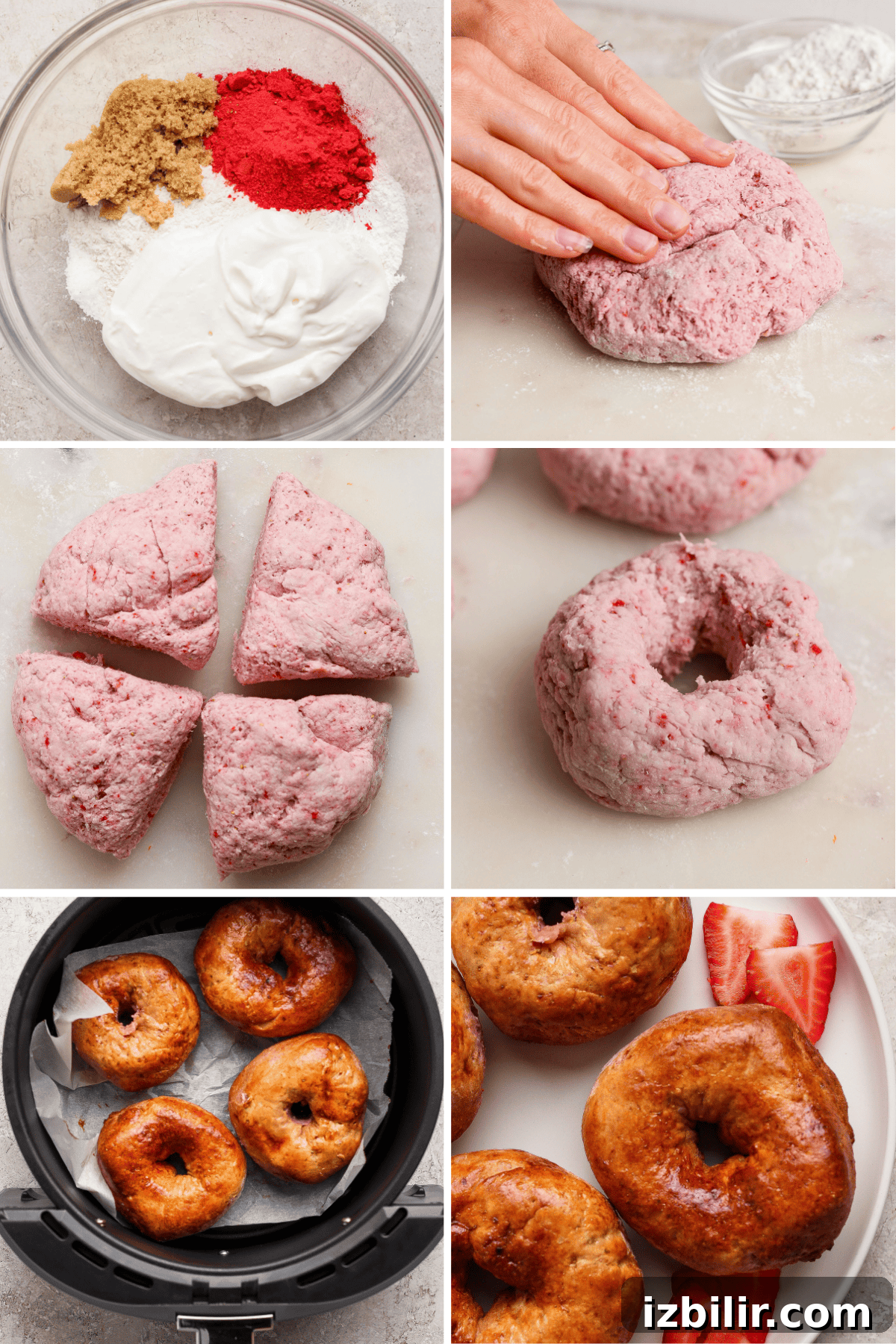 Step-by-step process of making strawberry-flavored donuts: mixing ingredients, kneading dough, shaping donuts, air frying, and serving with fresh strawberries.