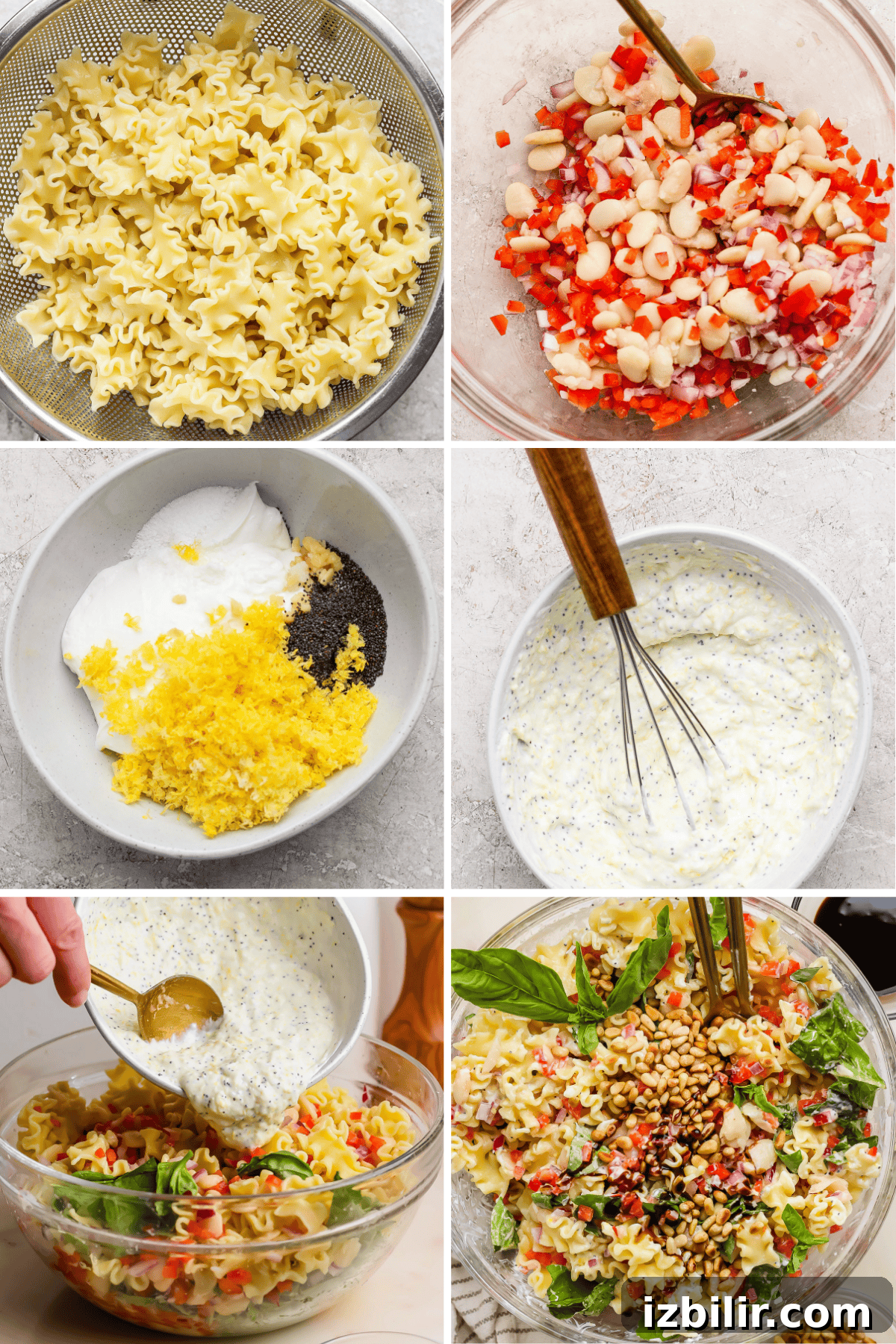 Creamy Cottage Cheese Pasta Salad Recipe 3 Six-step collage showing pasta salad preparation: cooked pasta, chopped vegetables with beans, ingredients for dressing, mixed dressing, dressing poured onto salad, and finished salad with pine nuts and basil.