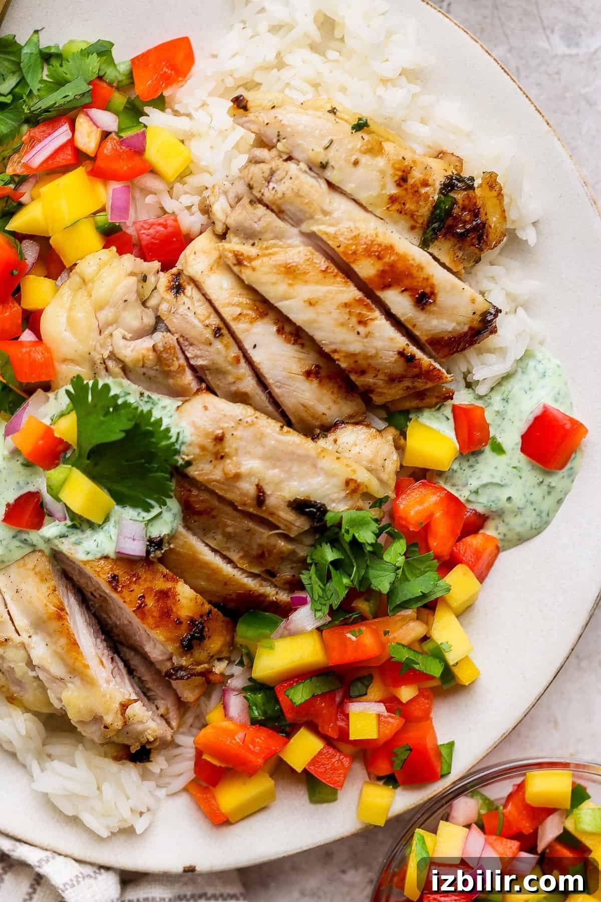 Cilantro Lime Chicken with Mango Salsa Recipe 2 A chicken meal prep favorite: grilled chicken slices on white rice, topped with chopped mango salsa, fresh cilantro, and a dollop of creamy herb sauce.