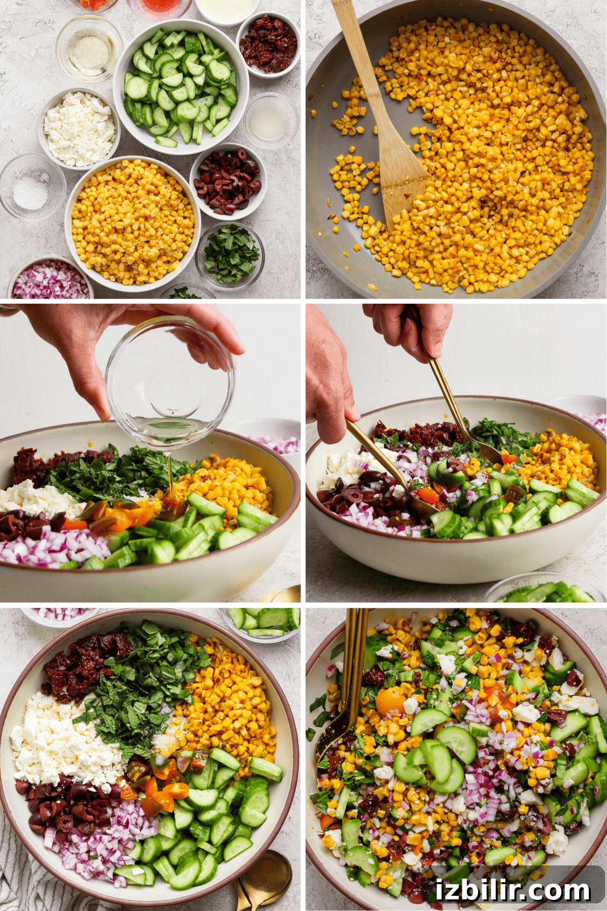 Mediterranean Corn Salad with Feta and Tomatoes 3 A step-by-step collage showing ingredients for a salad, sautéing corn, adding dressing, and mixing vegetables, cheese, and herbs in a large bowl.