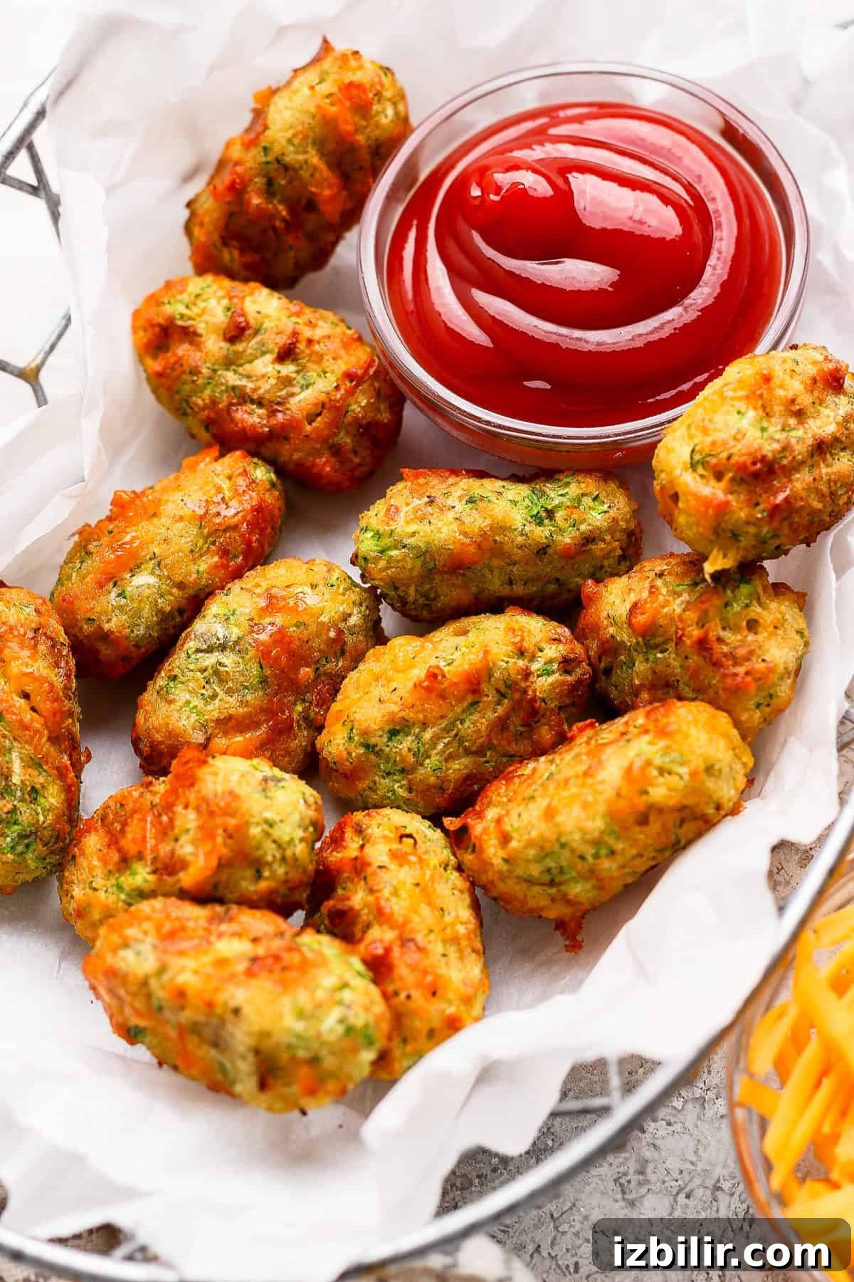 Crispy Air Fryer Zucchini Tots 2 A basket of golden-brown vegetable tots on parchment paper, served with a small glass bowl of ketchup for dipping.