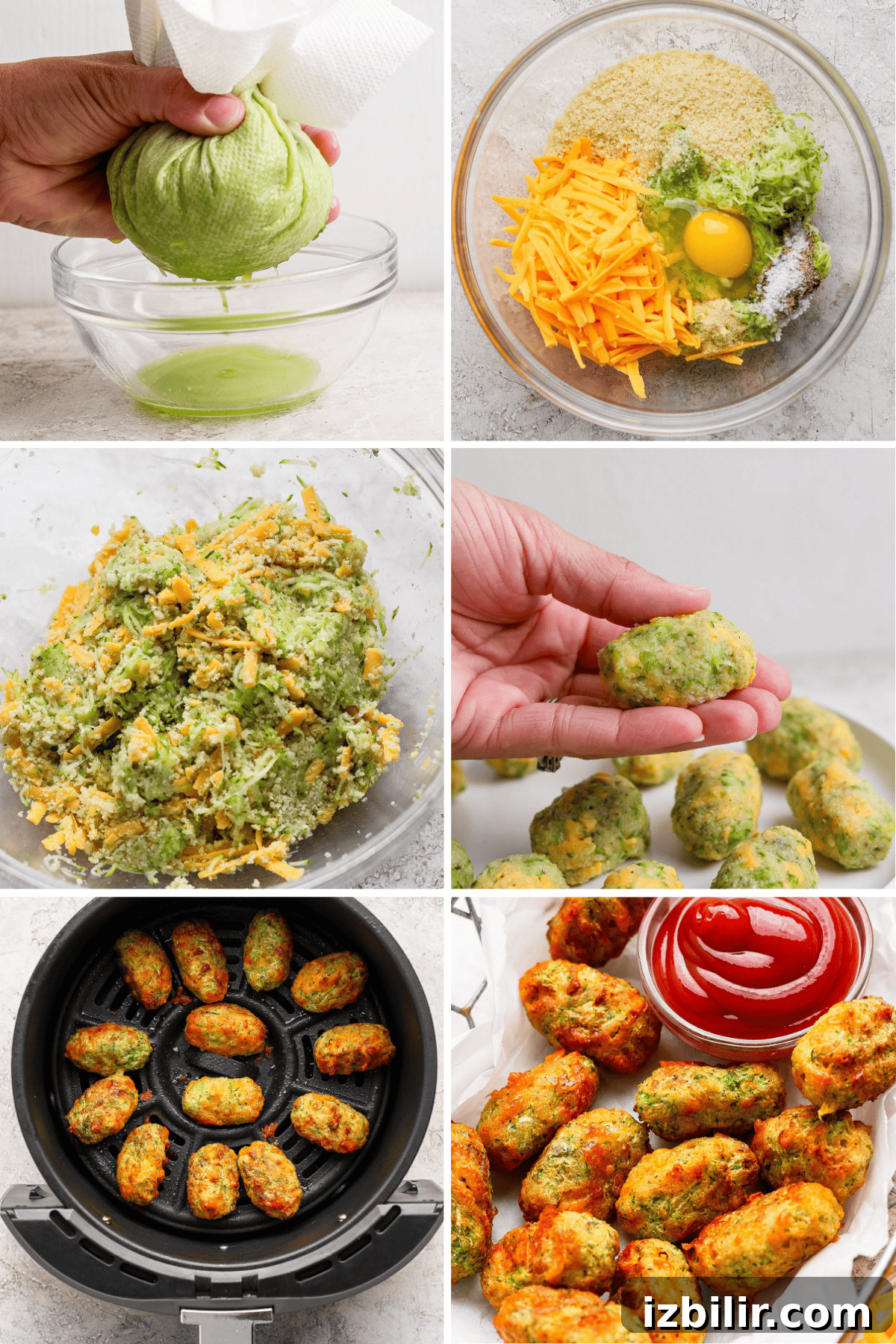Crispy Air Fryer Zucchini Tots 3 A step-by-step collage shows making zucchini tots: squeezing liquid from zucchini, mixing ingredients, forming tots, arranging in air fryer, and serving with ketchup.