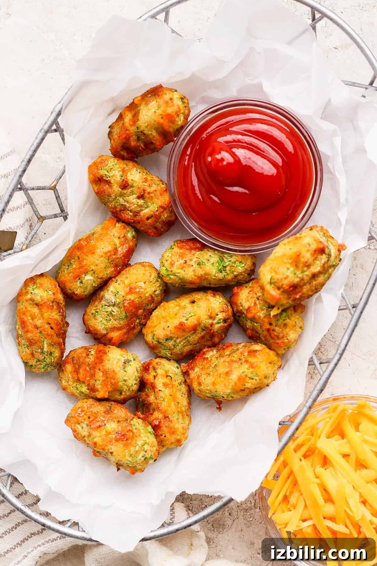 Crispy Air Fryer Zucchini Tots 6 A basket of baked zucchini tots on parchment paper served with a bowl of ketchup; shredded cheese is visible beside the basket.