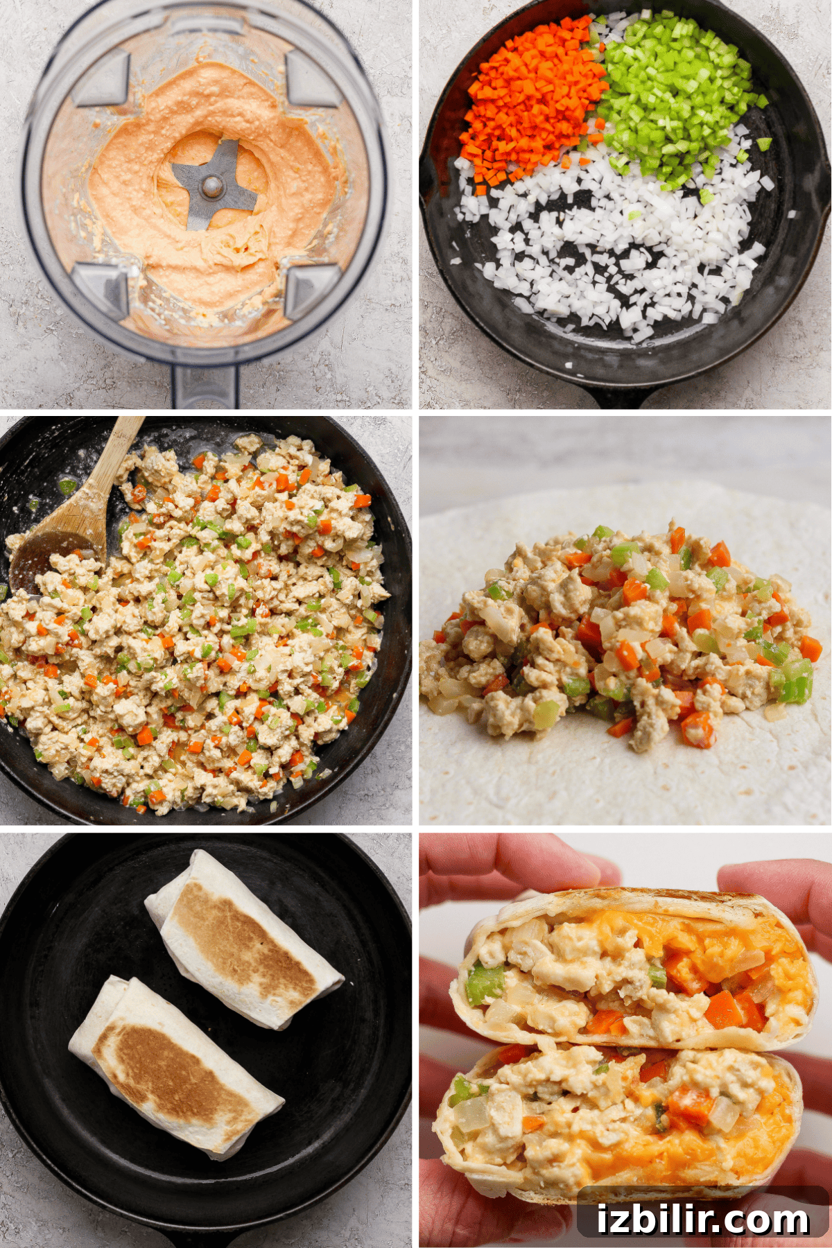 High-Protein Buffalo Chicken Burritos 3 Six-step collage showing the process of making breakfast burritos: blending sauce, sautéing vegetables, cooking scramble, assembling burrito, toasting, and a hand holding a cut burrito.