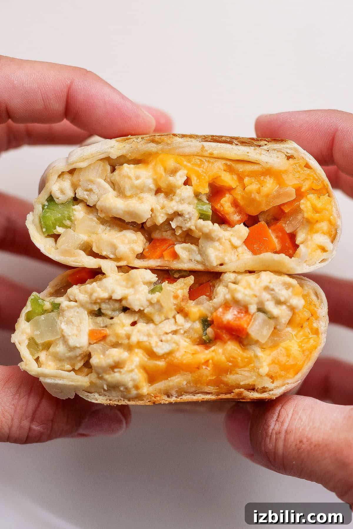 High-Protein Buffalo Chicken Burritos 4 Two hands hold a breakfast burrito cut in half, showing scrambled eggs, cheddar cheese, and diced vegetables inside a tortilla wrap.