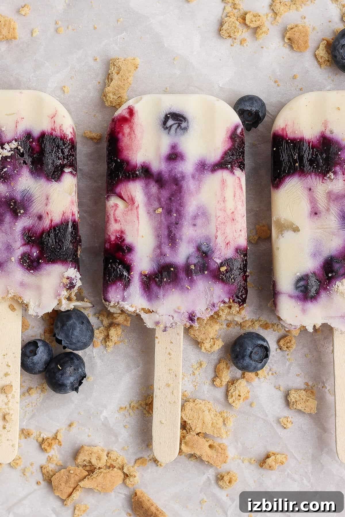 Blueberry Cheesecake Protein Popsicles Recipe 2 Three blueberry cheesecake popsicles with visible blueberry swirls are arranged on a surface scattered with fresh blueberries and crumbled graham crackers.