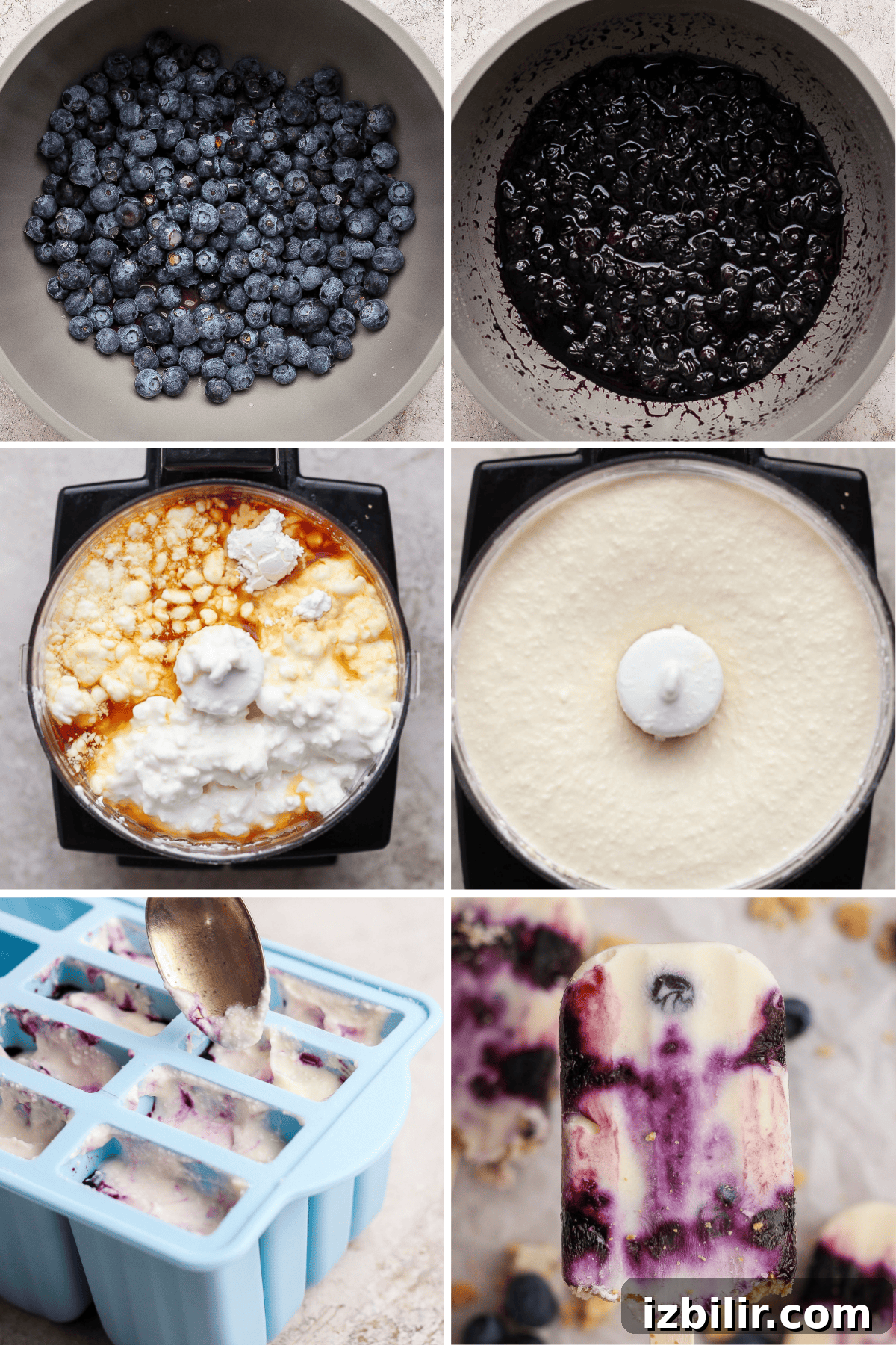 Blueberry Cheesecake Protein Popsicles Recipe 4 Six-step process of making blueberry cheesecake popsicles: fresh blueberries, cooked mixture, blended cheesecake filling, filled popsicle molds, and finished popsicles with visible blueberry swirls.