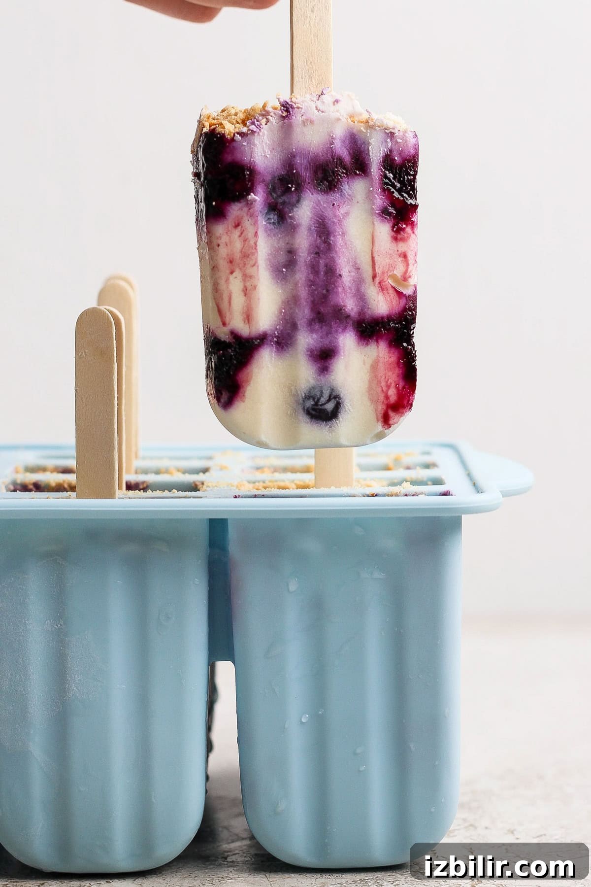 Blueberry Cheesecake Protein Popsicles Recipe 7 A hand holds a popsicle with purple, white, and red swirls above a blue silicone popsicle mold containing more popsicles.