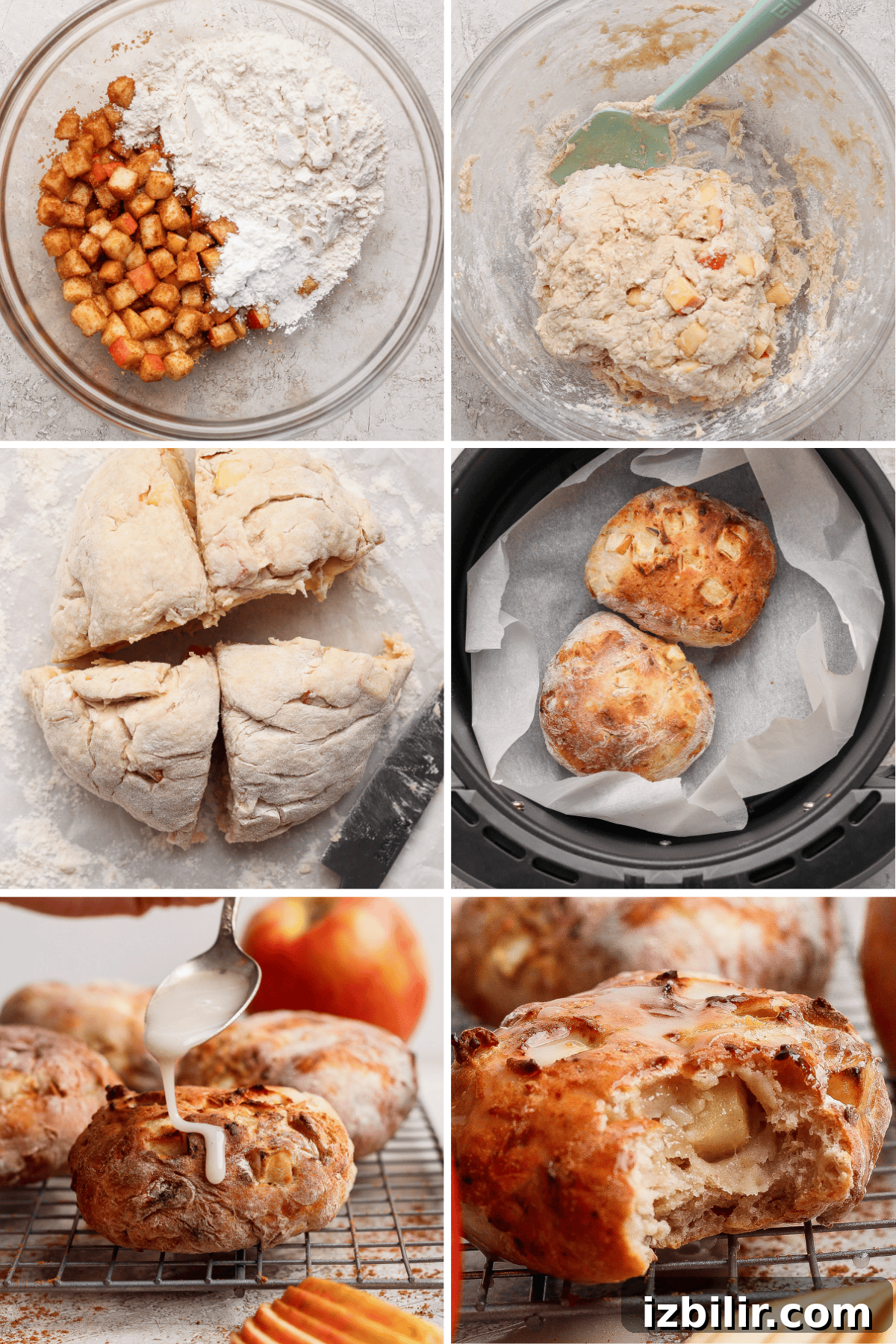 Crispy Air Fryer Apple Fritters with Glaze 4 A step-by-step process of making apple scones: mixing ingredients, forming dough, baking in an air fryer, drizzling icing, and showing the baked scone with apple pieces inside.