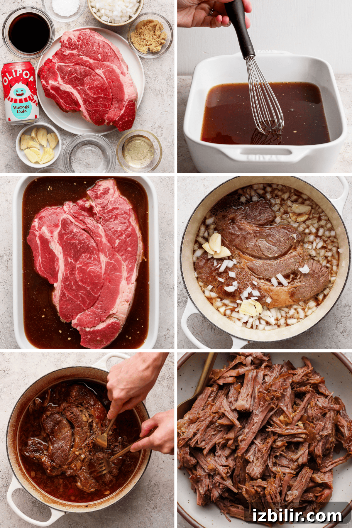 Six-step collage showing preparation of shredded chuck roast: ingredients, mixing broth, marinating, cooking with onions and garlic, shredding cooked beef, and finished shredded beef on a plate.