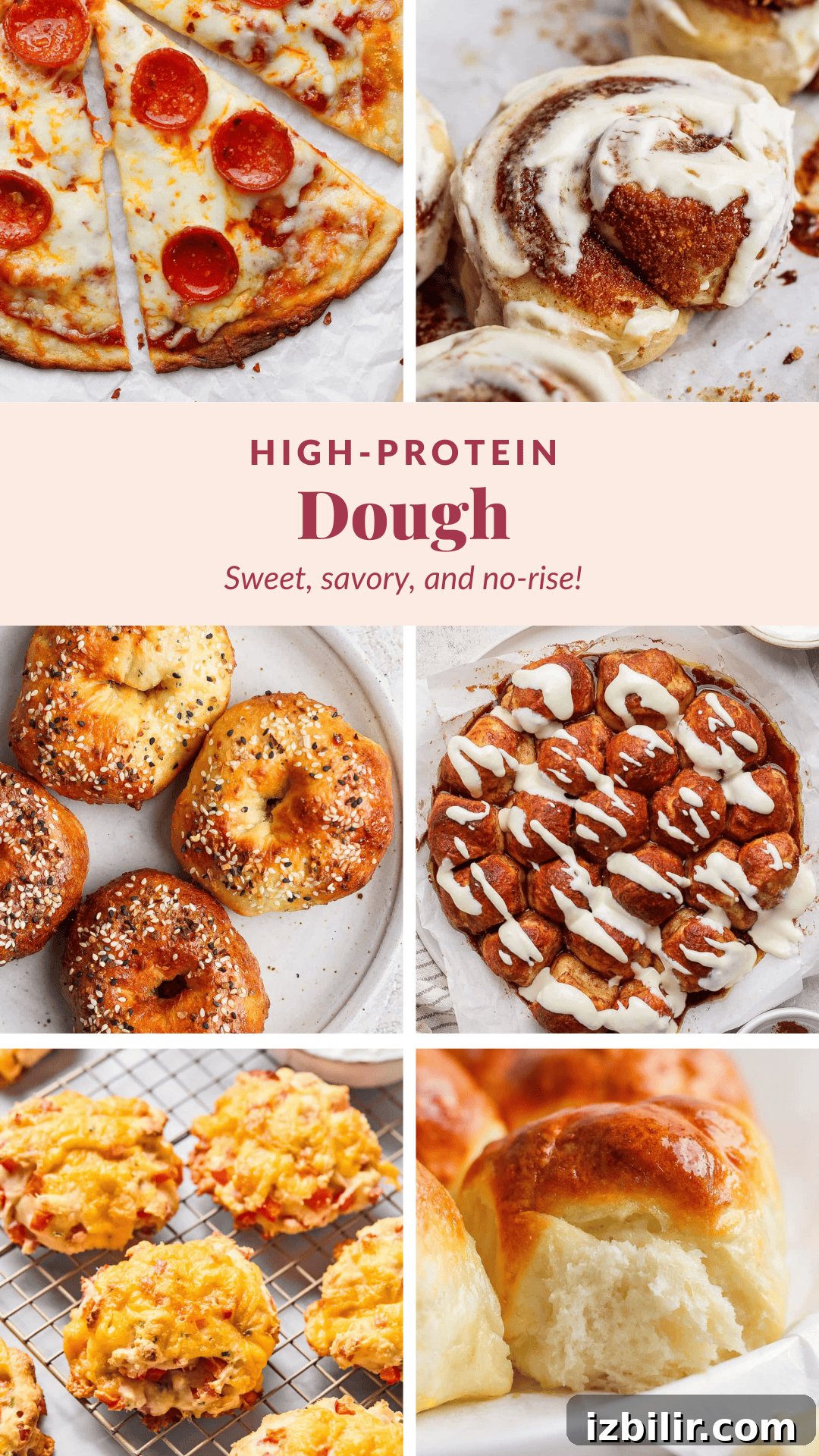 A collage of baked goods made from high-protein dough, including pizza, cinnamon rolls, bagels, pretzel bites, cheddar biscuits, and dinner rolls.