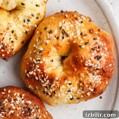 Close-up of three bagels topped with sesame seeds and other seasonings on a beige plate.