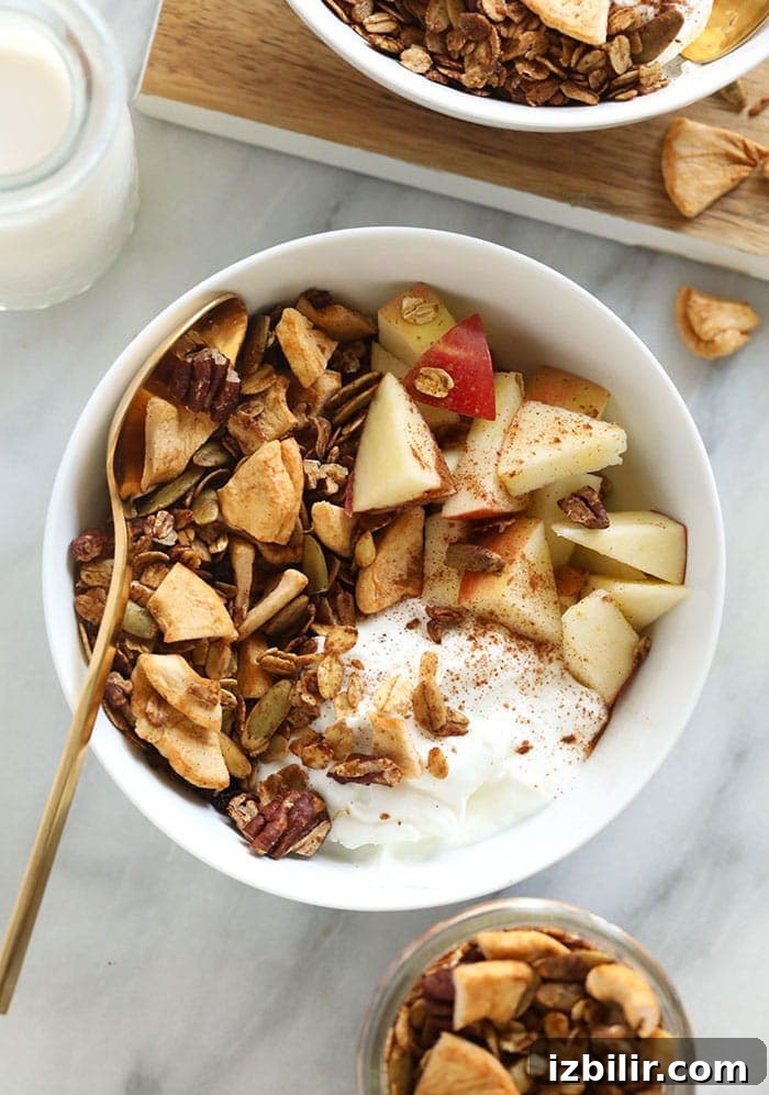 A yogurt parfait with granola and apples.