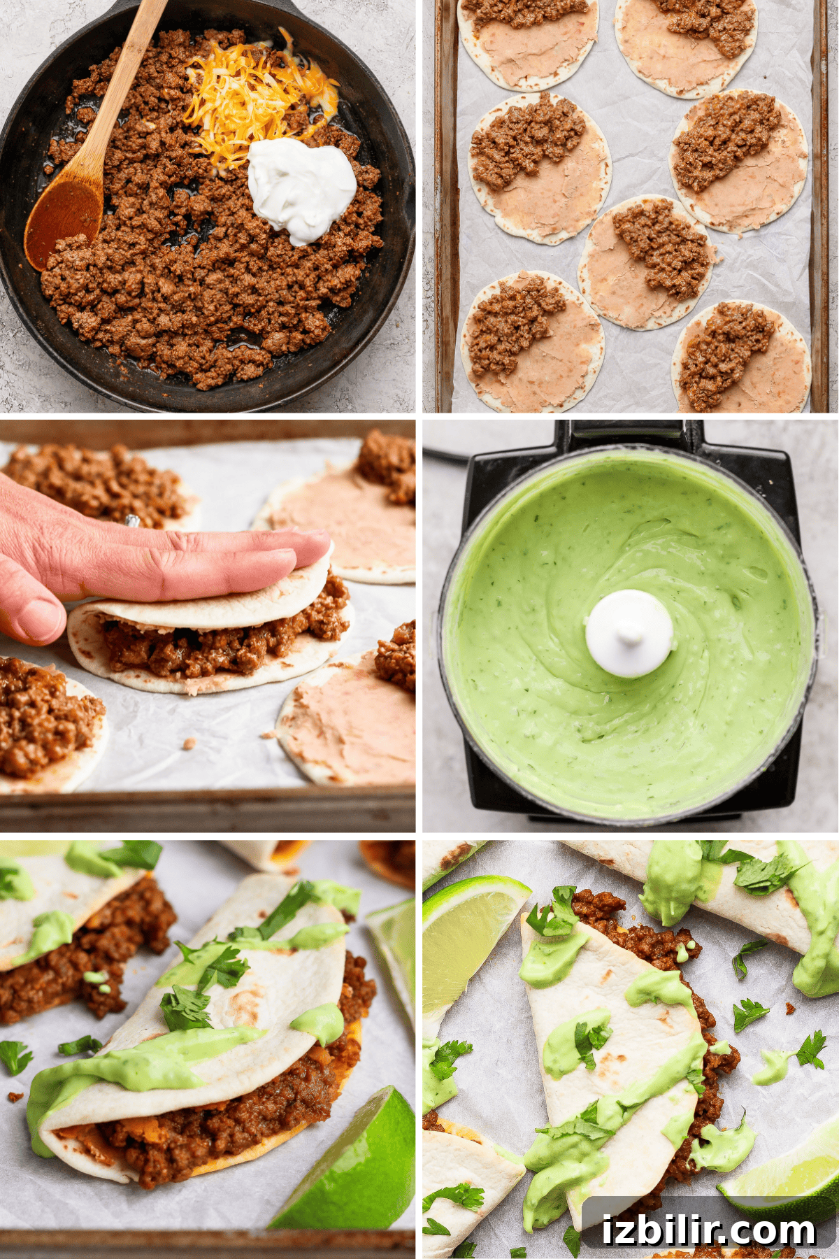 Sheet Pan Tacos with Creamy Avocado Crema Recipe 3 Step-by-step process of making beef tacos: cooking beef with cheese and sour cream, assembling on tortillas, folding, preparing green sauce, and serving with sauce, cilantro, and lime wedges.