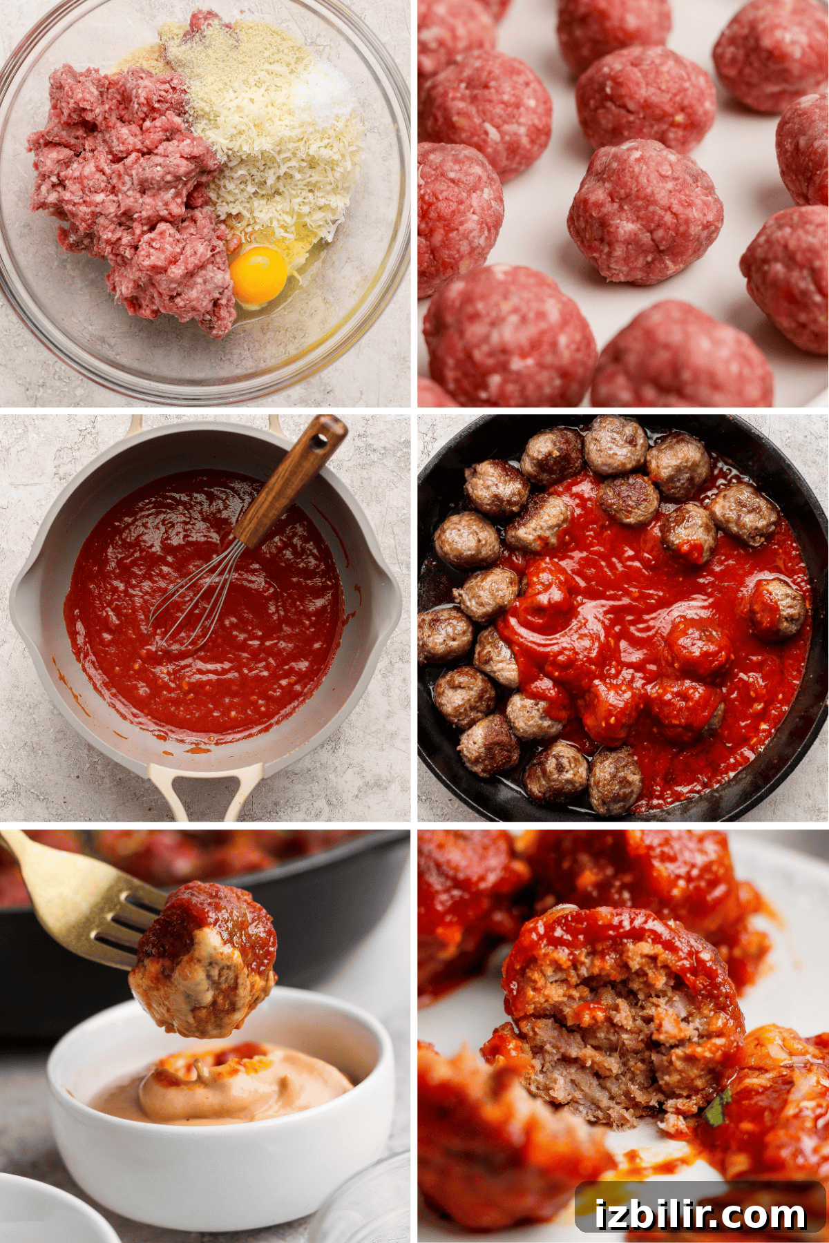 A step-by-step collage showing raw meatball mixture, shaped meatballs, sauce preparation, meatballs cooking in sauce, a dipped meatball, and a meatball cut open to reveal the inside.