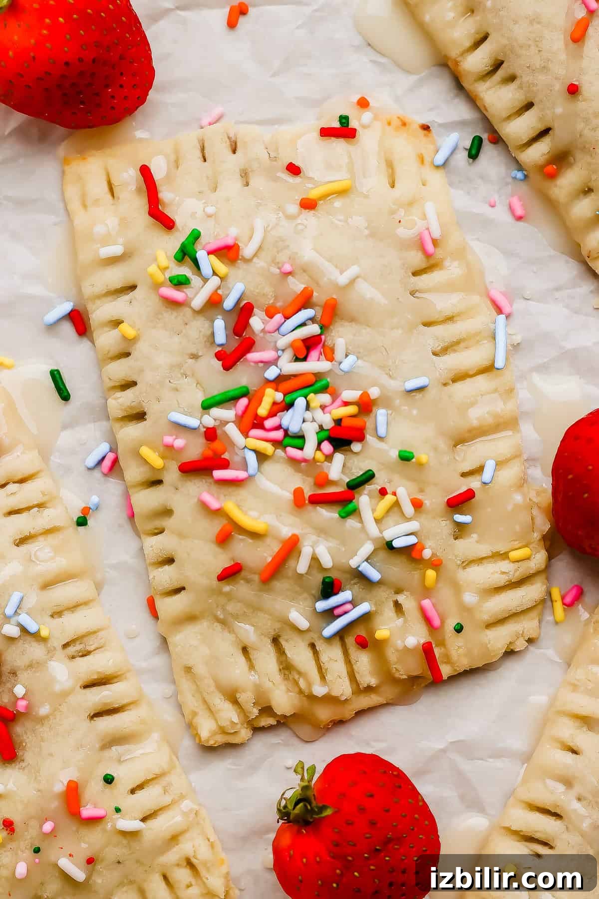 Rectangular pastry with icing and colorful sprinkles, surrounded by fresh strawberries on a sheet of parchment paper.