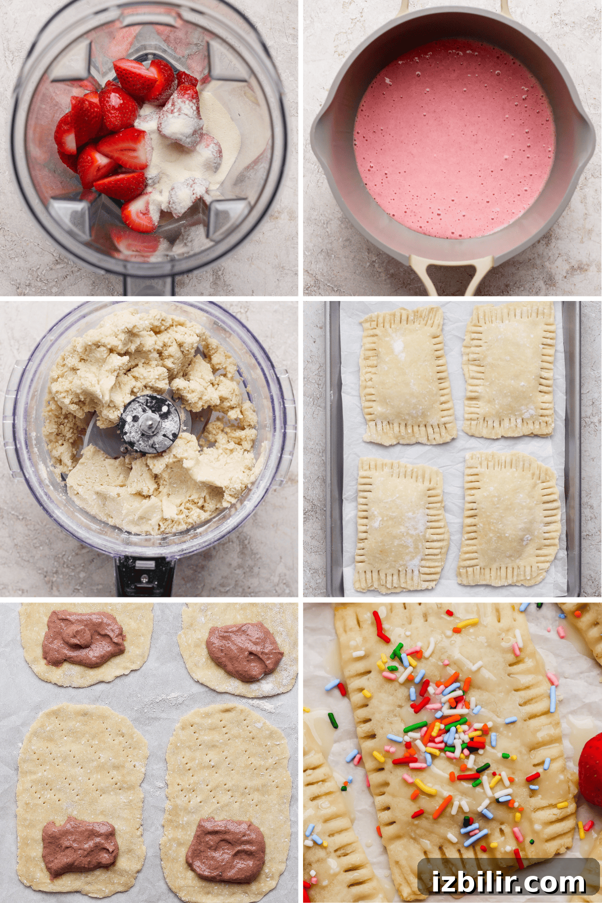 A step-by-step collage shows making strawberry pop tarts: blending filling, mixing dough, shaping and filling pastries, sealing edges, baking, and topping with icing and sprinkles.