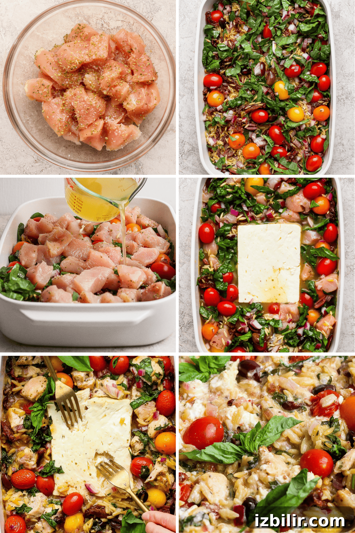 Step-by-step images show seasoned chicken, vegetables, feta, and broth in a baking dish, baked together and mixed into a casserole with tomatoes and greens.
