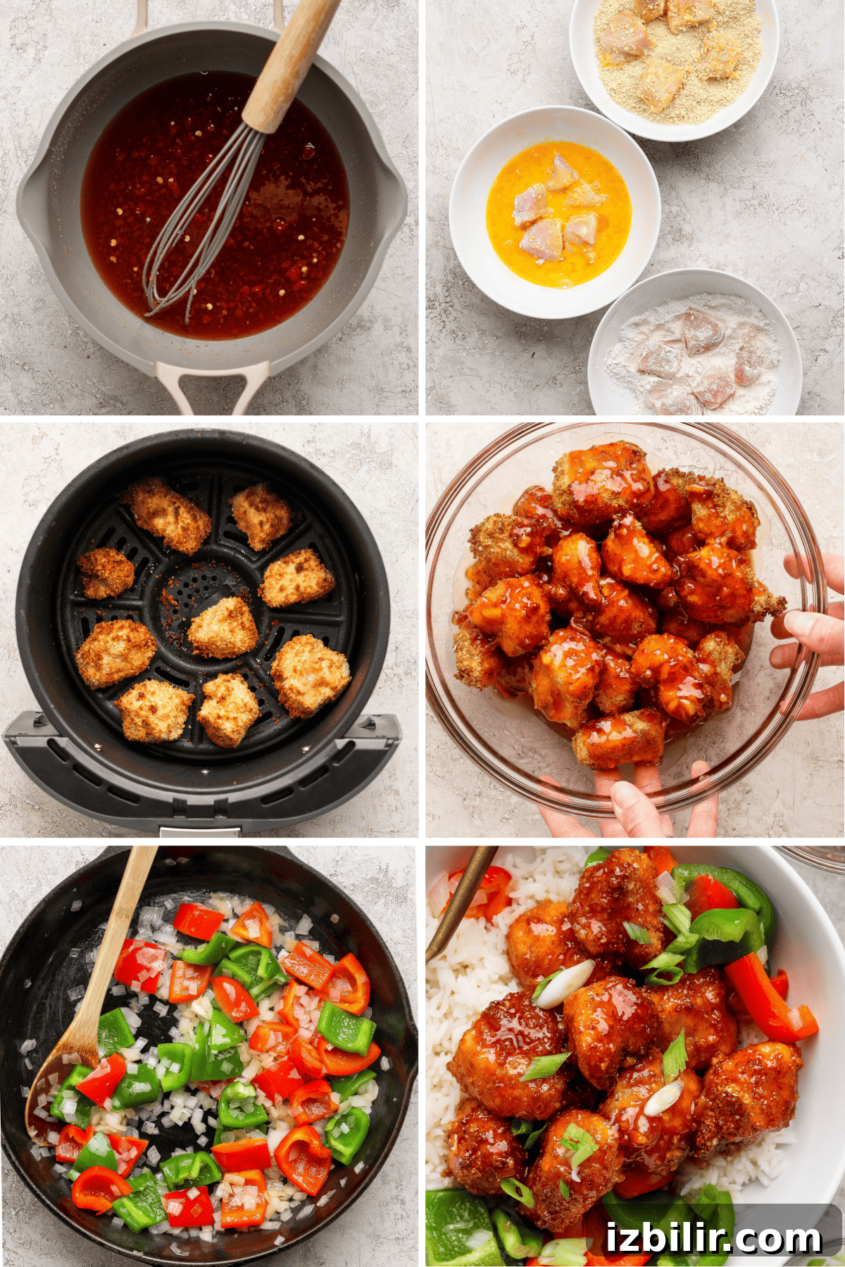 Six-step collage showing breading chicken, air frying, coating with sauce, sautéing bell peppers, and serving the finished dish with vegetables over rice.