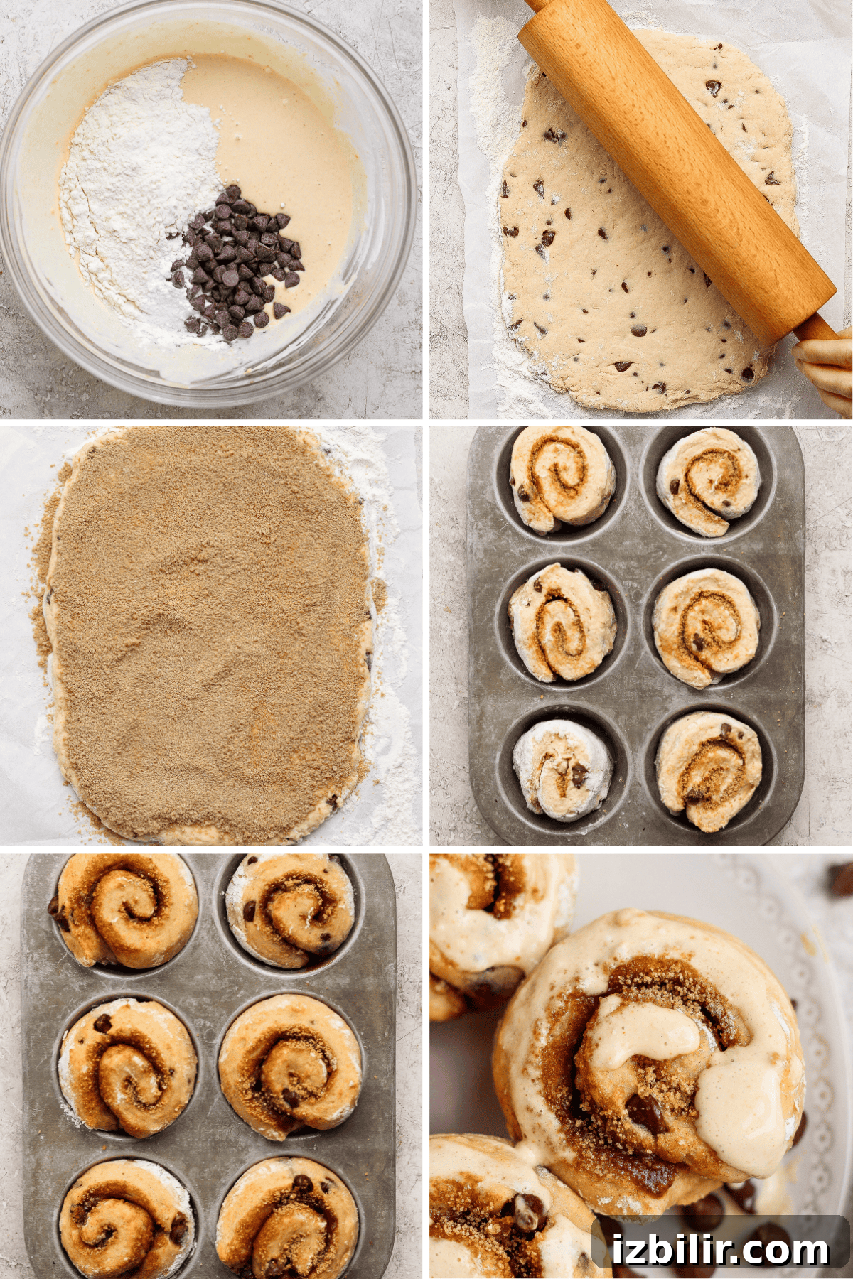Step-by-step process of making chocolate chip cinnamon rolls, from mixing ingredients to rolling dough, filling, placing in a muffin tin, baking, and topping with icing.