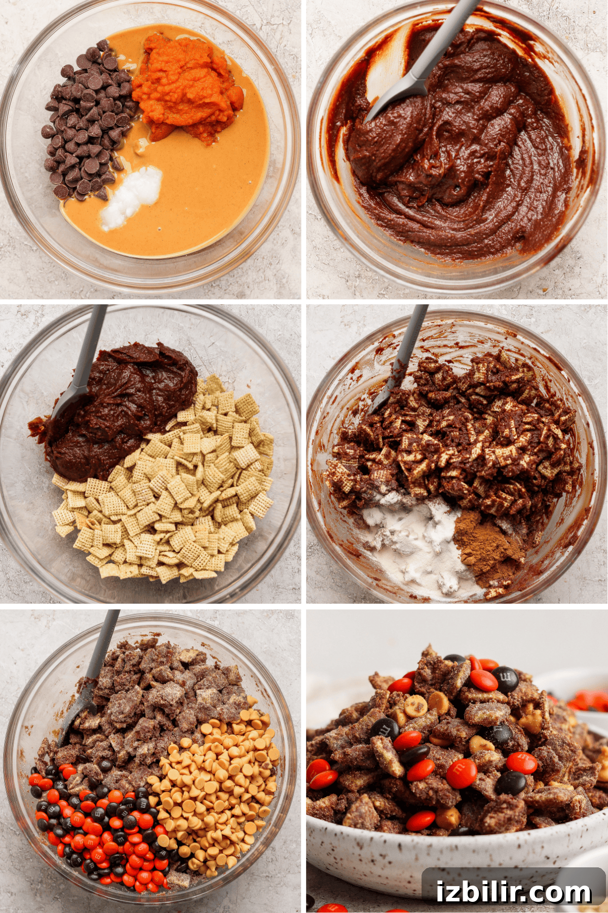 No-Bake Pumpkin Spice Protein Puppy Chow Recipe 3 Six images show the step-by-step process of mixing ingredients in bowls to make a snack mix with cereal, chocolate, peanut butter, coconut, spices, and candy-coated chocolates.