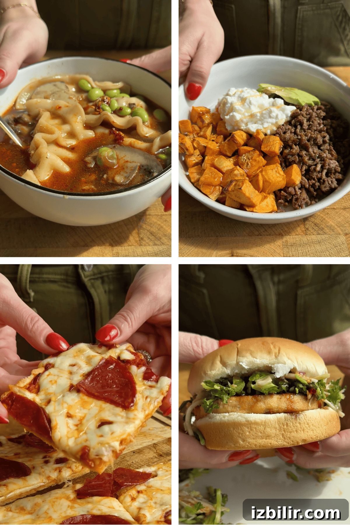 4-in-5 Meal Plan for September 2025 2 Four photos showing: a bowl of dumpling soup, a bowl with ground beef, sweet potatoes, avocado, and cottage cheese, a hand holding a slice of pepperoni pizza, and a hand holding a hamburger.