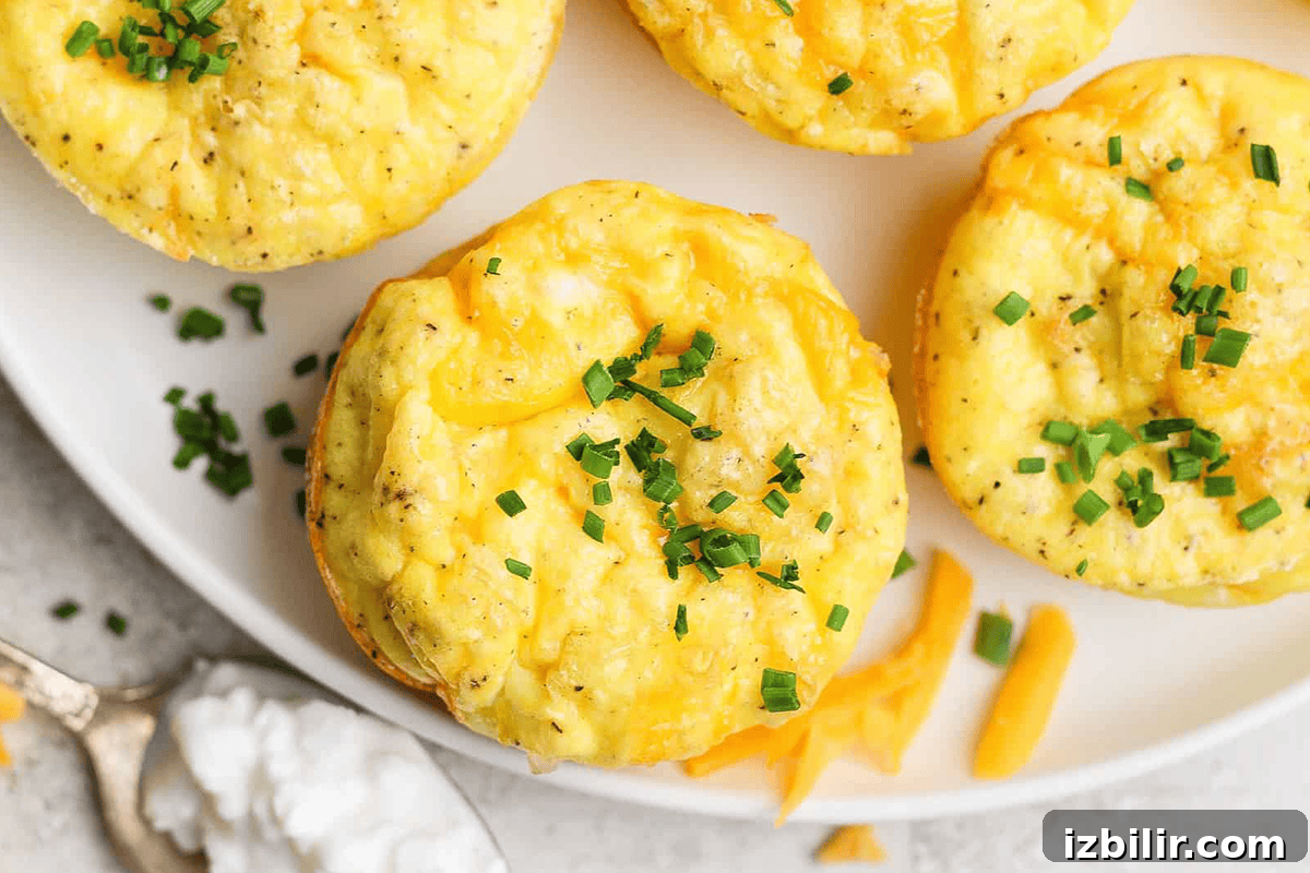 High-Protein Cottage Cheese Recipes for Fall 5 Three baked egg muffins topped with chopped chives sit on a white plate, with shredded cheese and a spoonful of cottage cheese nearby.