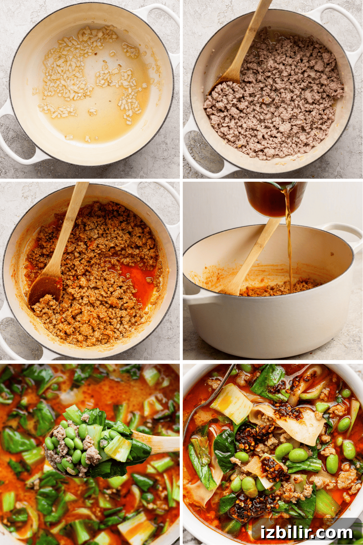 20-Minute Thai Coconut Dumpling Soup Recipe 3 Six-panel image showing the step-by-step process of cooking a soup; browning garlic and ground meat, adding broth, vegetables, and finishing with garnishes.
