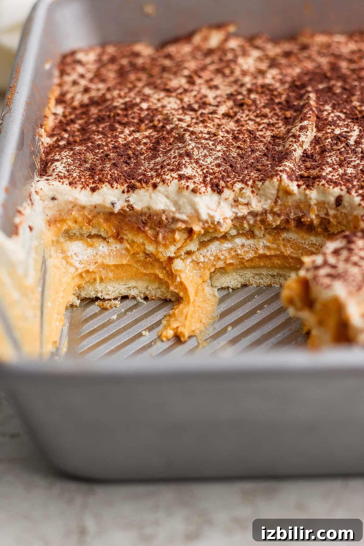 High Protein Pumpkin Tiramisu Recipe for Fall 2 A rectangular baking pan containing a layered dessert with a creamy filling and a dusting of cocoa powder, with a serving removed to show the layers.
