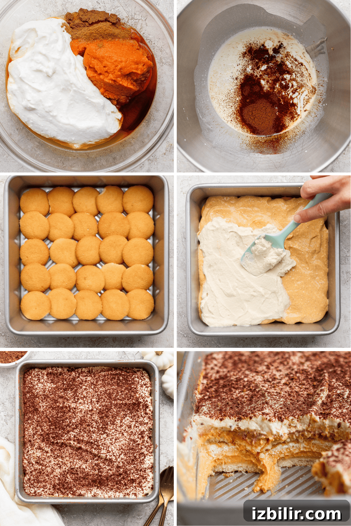 High Protein Pumpkin Tiramisu Recipe for Fall 3 Six-panel collage showing the steps to make a layered dessert: mixing ingredients, layering cookies, spreading cream, topping with cocoa, and a sliced final product in a baking dish.