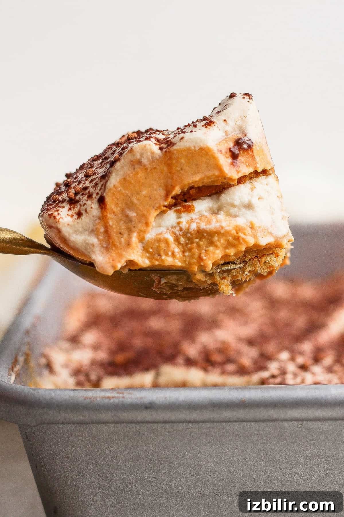 High Protein Pumpkin Tiramisu Recipe for Fall 4 A spoon lifts a layered dessert with a creamy top dusted with cocoa powder from a baking pan.