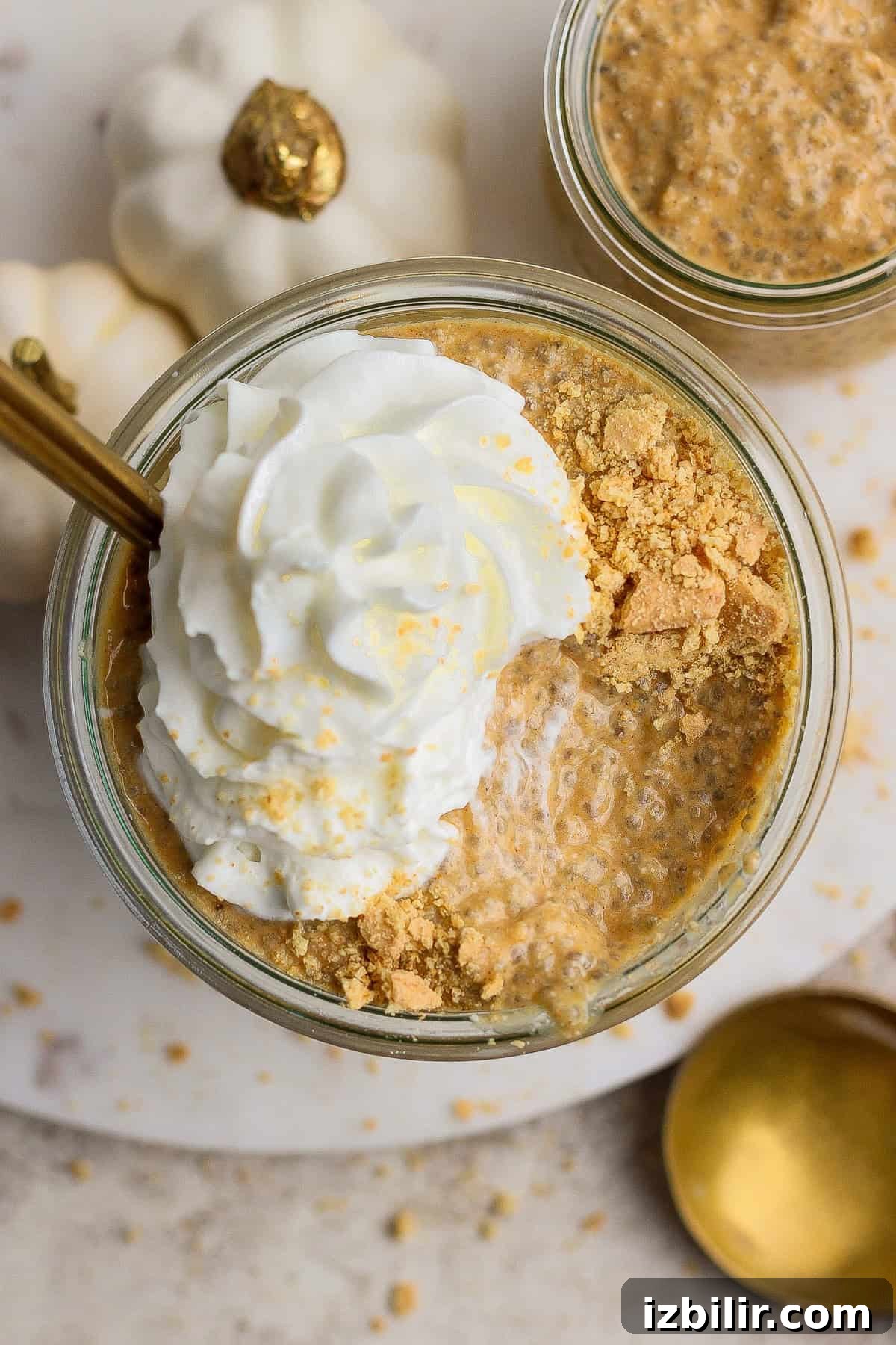 High-Protein Pumpkin Chia Pudding Recipe 2 Glass jar filled with pumpkin chia pudding, topped with whipped cream and crushed graham crackers, with a gold spoon and white decorative pumpkins nearby.