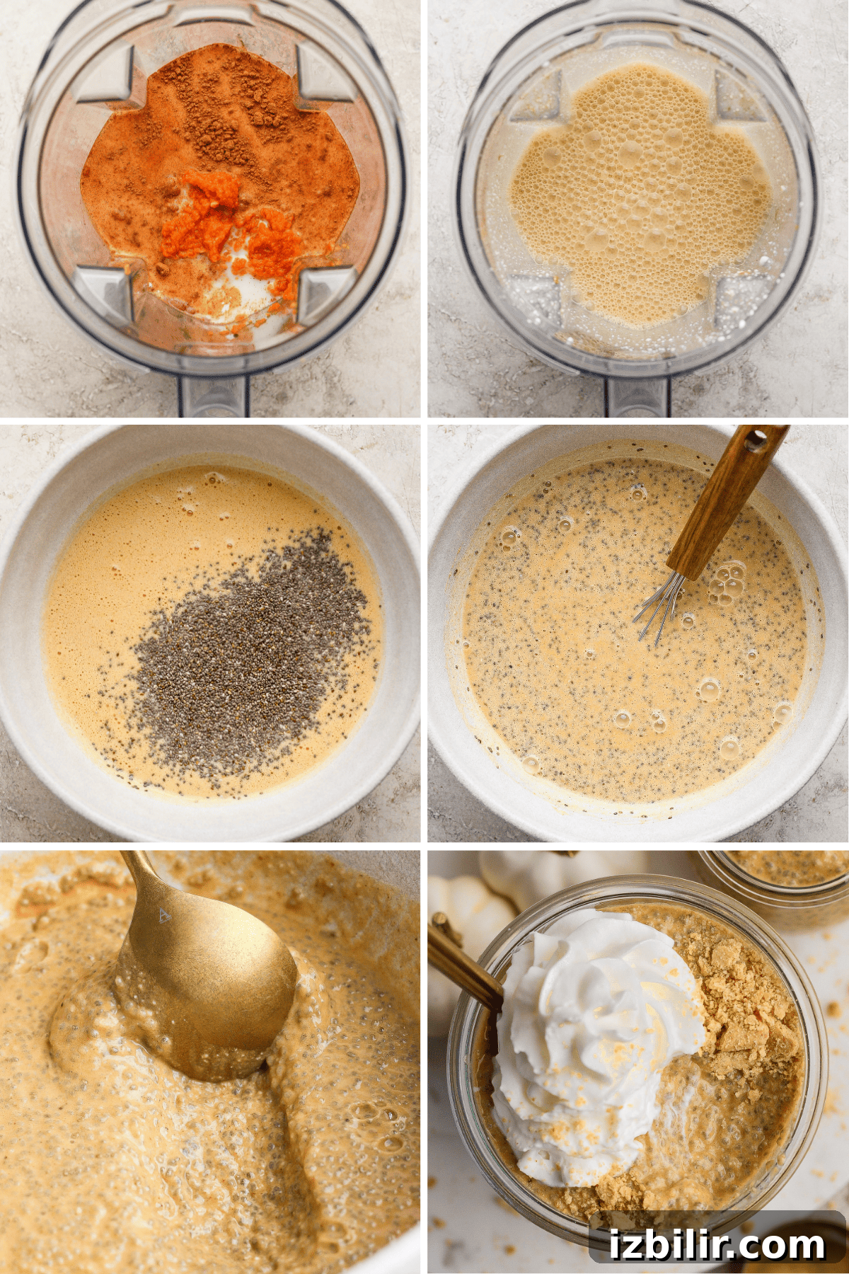 High-Protein Pumpkin Chia Pudding Recipe 3 A step-by-step process: blending ingredients, mixing in chia seeds, stirring, and topping a finished pumpkin chia pudding with whipped cream in a glass.