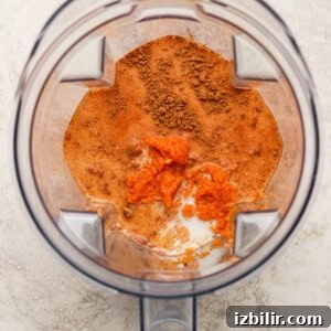 High-Protein Pumpkin Chia Pudding Recipe 6 Overhead view of a blender containing orange puree, milk, and brown spices on a light-colored surface.