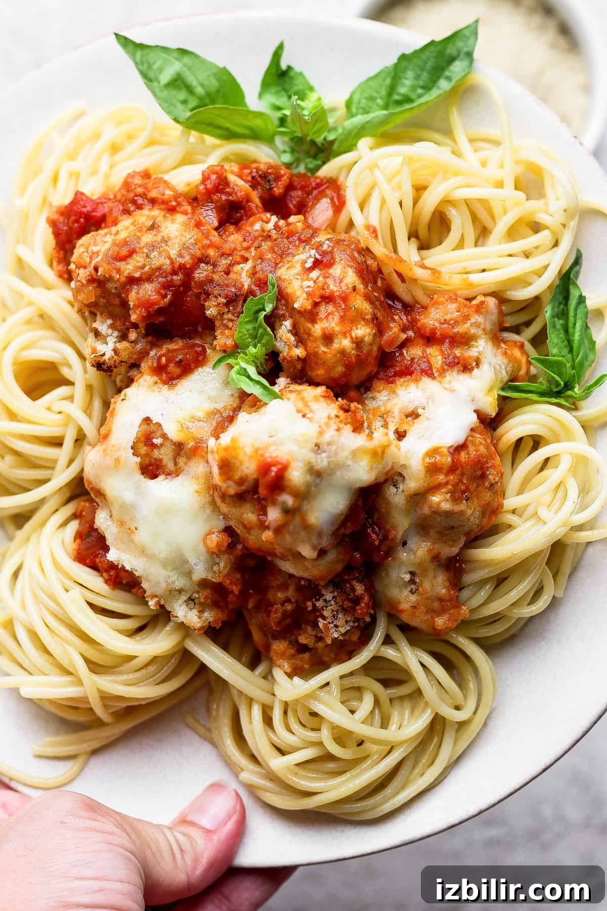 A plate of spaghetti topped with meatballs, tomato sauce, melted cheese, and garnished with fresh basil leaves.
