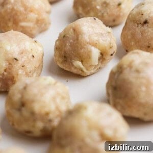 Raw chicken meatballs with visible herbs and cheese pieces arranged on a white plate, ready to be cooked.