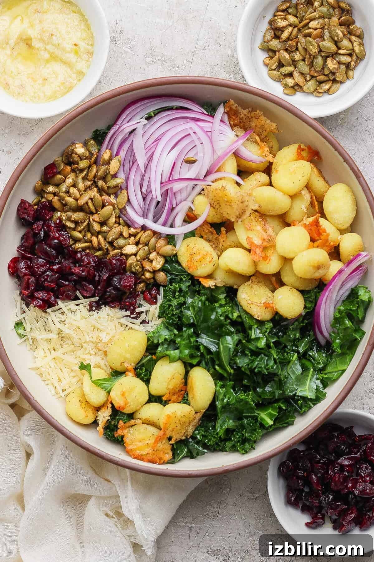 Garlic Parmesan Roasted Gnocchi and Kale Salad Recipe 2 A bowl filled with cooked gnocchi, sliced red onions, kale, grated cheese, dried cranberries, and roasted pepitas, with small bowls of dressing, pepitas, and cranberries on the side.