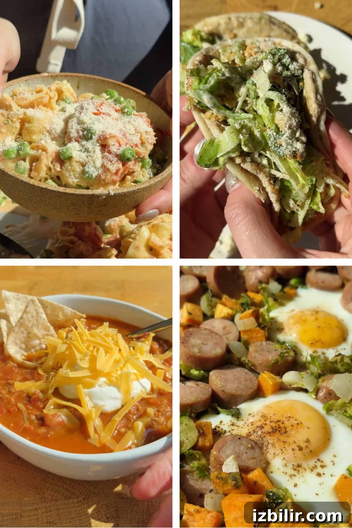 A collage of four dishes: creamy pasta with peas, a hand holding a stuffed pita, chili with chips and cheese, and a skillet with eggs, sausage, and vegetables.