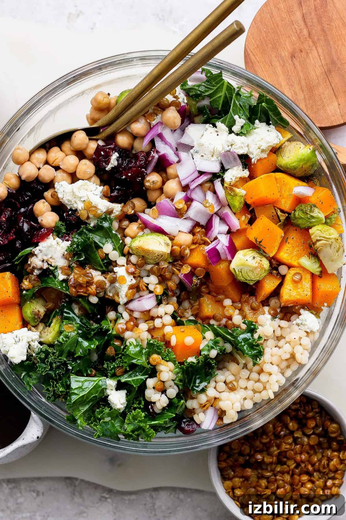 Autumn Couscous Salad Recipe with Seasonal Veggies 2 A vibrant couscous salad recipe featuring kale, chickpeas, roasted butternut squash, Brussels sprouts, red onion, blue cheese, dried cranberries, and lentils in a glass bowl with gold utensils on top.