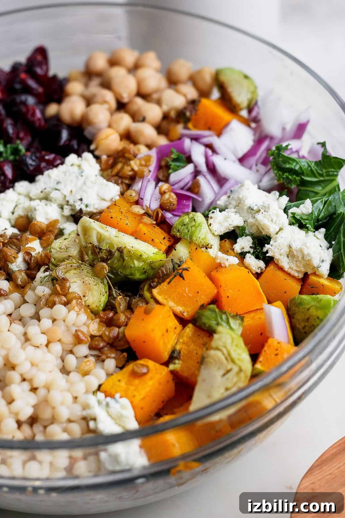 Autumn Couscous Salad Recipe with Seasonal Veggies 5 A glass bowl filled with a vibrant couscous salad recipe featuring chickpeas, dried cranberries, red onions, kale, roasted squash, Brussels sprouts, lentils, and crumbled cheese.