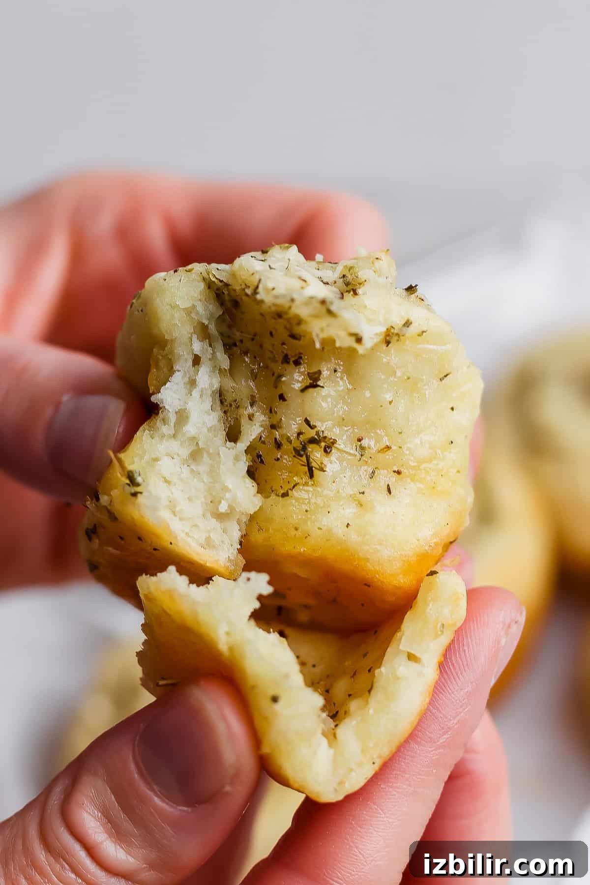 Protein-Packed Garlic Parmesan Cottage Cheese Dinner Rolls 7 A person holds and pulls apart a soft, herb-topped bread roll, revealing its fluffy interior.