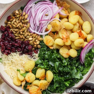 Thanksgiving Sides Worth Serving (Everything But Turkey) 11 A bowl containing cooked gnocchi, kale, shredded parmesan, dried cranberries, pumpkin seeds, sliced red onions, and breadcrumbs.