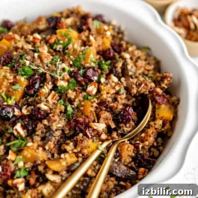 Thanksgiving Sides Worth Serving (Everything But Turkey) 27 Quinoa with cranberries and nuts in a white bowl.