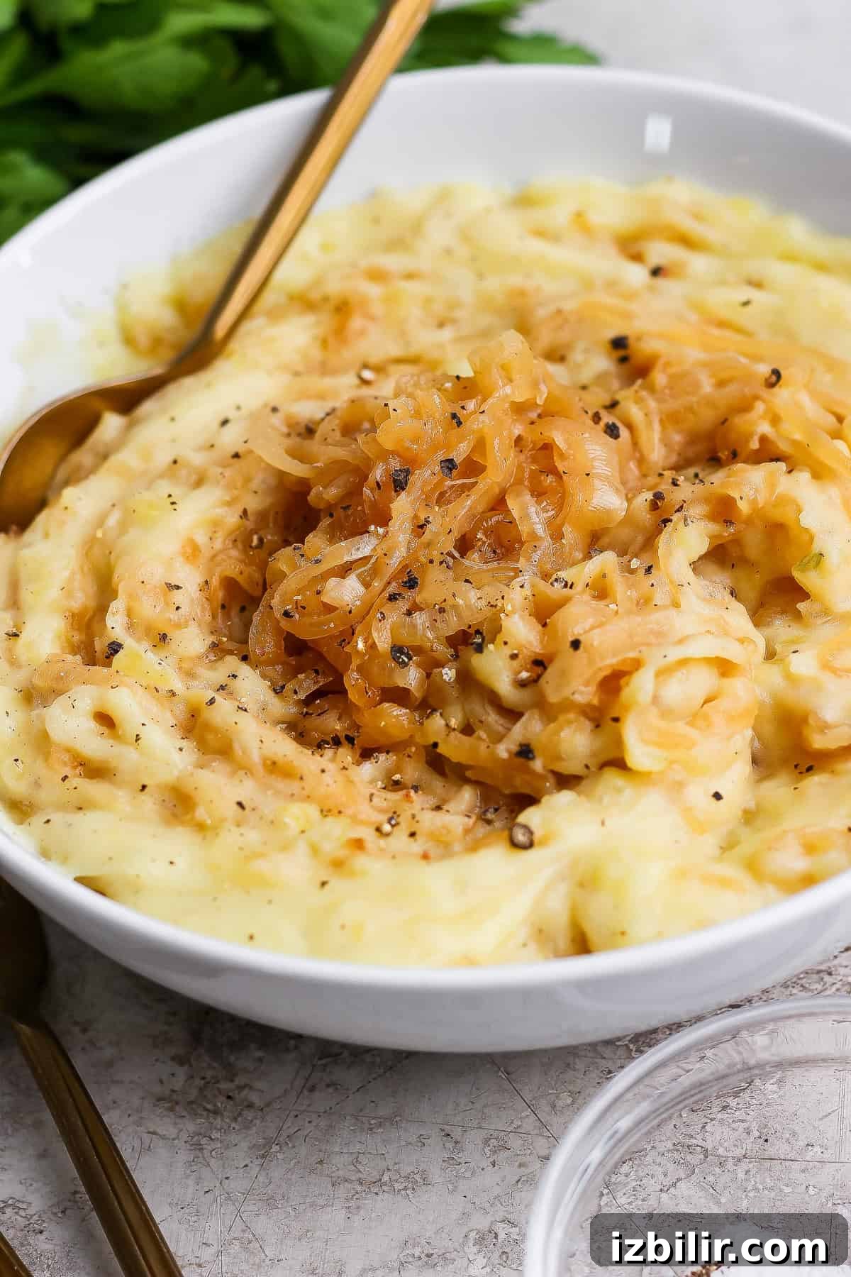 Creamy Mashed Potatoes with Caramelized Onions Recipe 7 A bowl of mashed potatoes topped with caramelized onions and cracked black pepper, with a spoon resting inside.