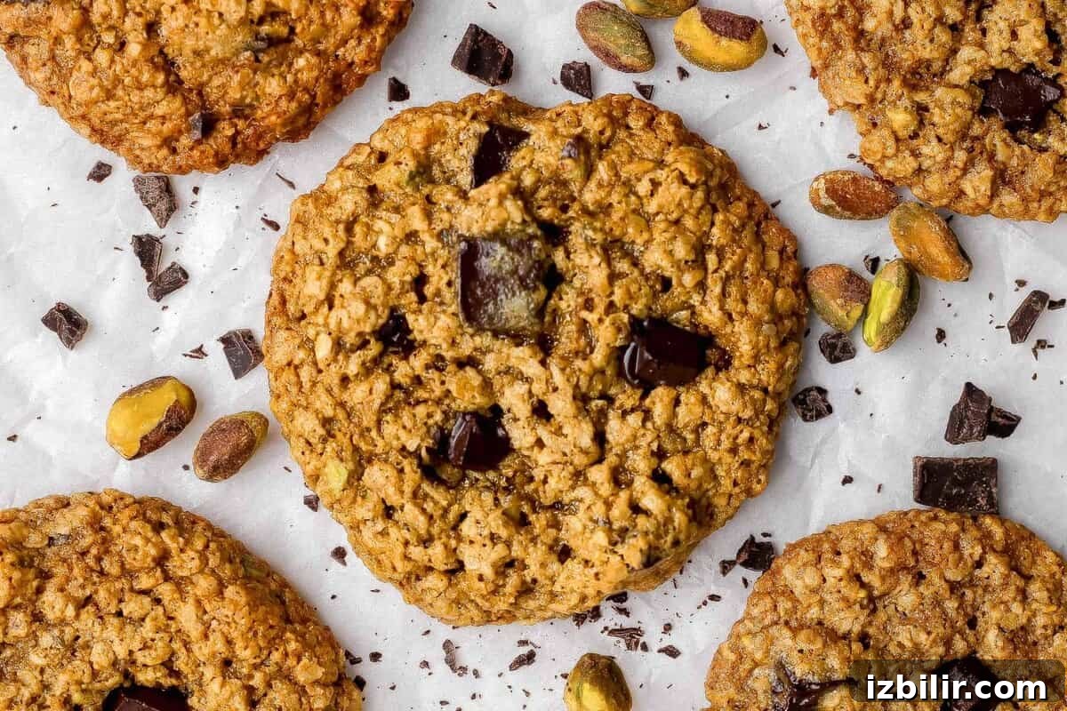 Chocolate Chunk Pistachio Cookies Recipe 2 Oatmeal cookies with chocolate chunks and pistachios on parchment paper, surrounded by scattered chocolate pieces and pistachio nuts.
