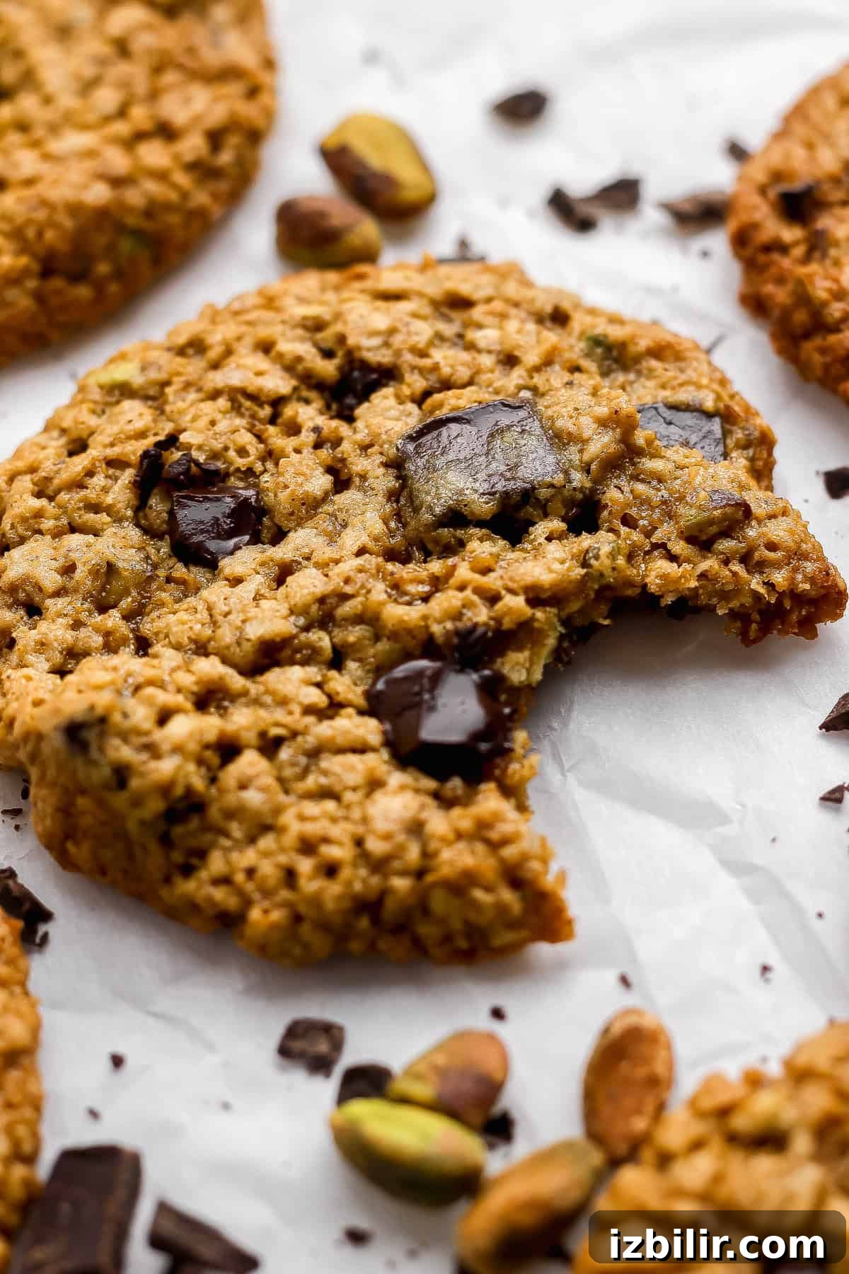 Chocolate Chunk Pistachio Cookies Recipe 7 A close-up of an oatmeal chocolate chip cookie with a bite taken out, surrounded by chocolate chunks and pistachios on parchment paper.