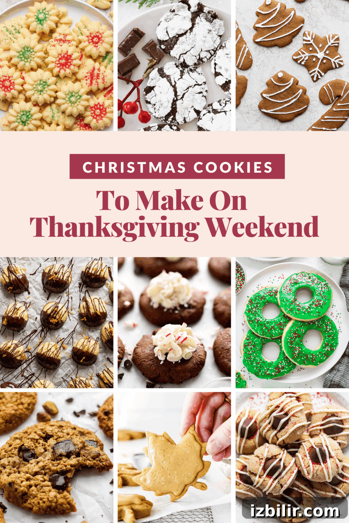 A festive collage of various decorated christmas cookies with the text 'Christmas Cookies To Make On Thanksgiving Weekend' in the center.