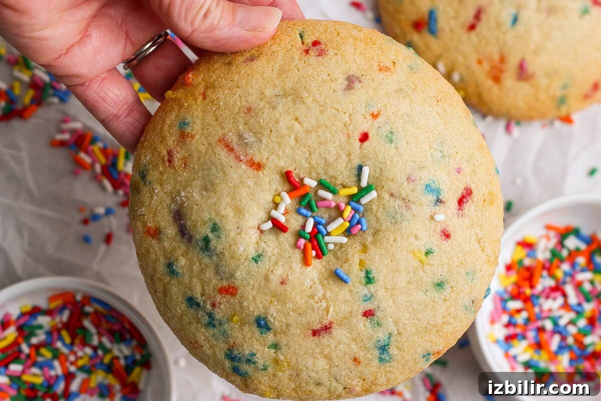 A hand holding a large sugar cookie with colorful sprinkles, surrounded by bowls of sprinkles on a light surface.