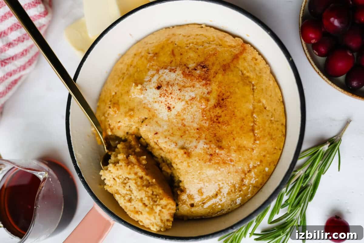 Eggnog Protein Pancake Bowl Recipe for Holiday Breakfast 2 A bowl of cornbread with a golden crust, sprinkled with seasoning and cheese, next to a spoon, butter, syrup, cranberries, and rosemary on a white surface.